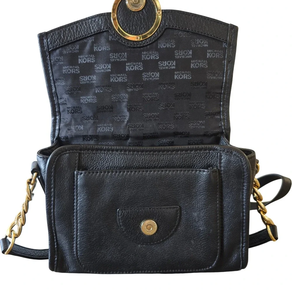 Michael Kors Fulton Black Pebbled Leather Crossbody Bag Gold‎ Logo Purse